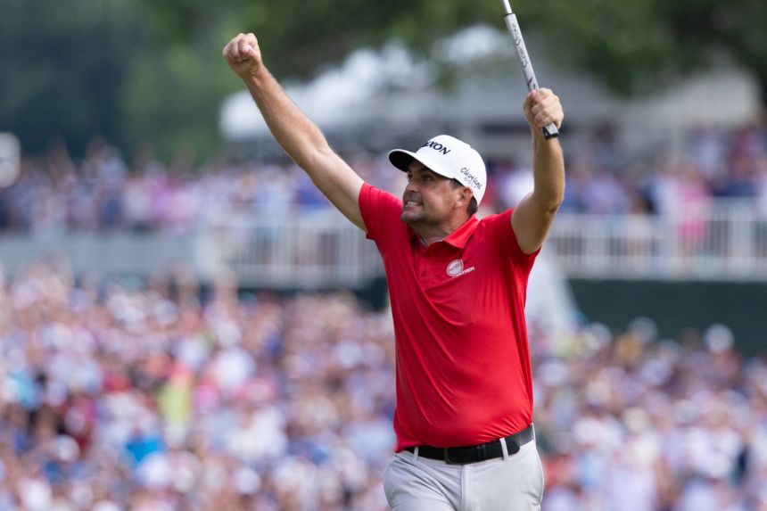 Keegan Bradley celebrates after winning the Travelers Championship in June.