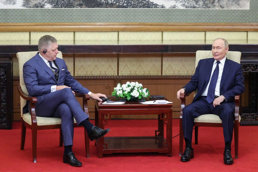 Russian President Vladimir Putin meets with Slovakian Prime Minister Robert Fico at Diaoyutai State Guesthouse in Beijing, China, on September 2.