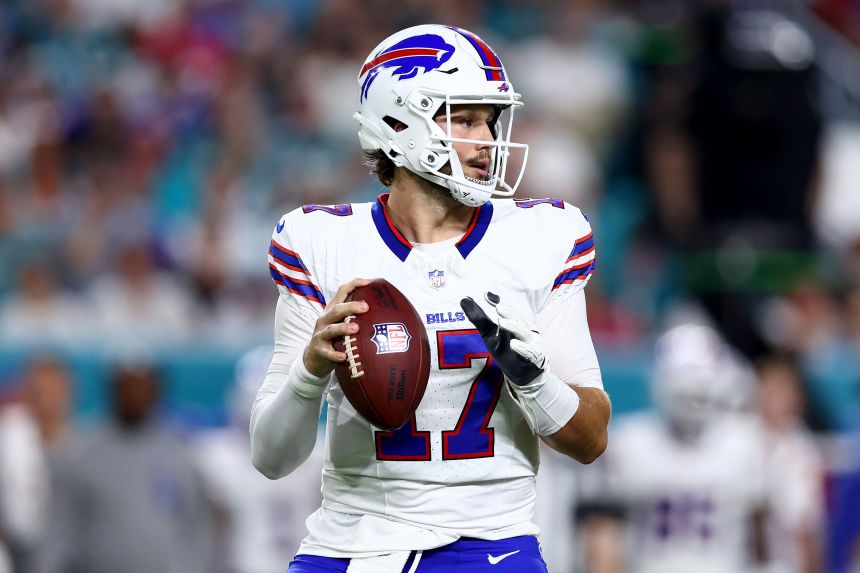 Josh Allen of the Buffalo Bills looks to throw a pass against the Miami Dolphins during the first quarter in the game at Hard Rock Stadium on September 12.