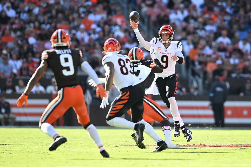 Joe Burrow of the Cincinnati Bengals throws a pass in the third quarter of a game against the Cleveland Browns at Huntington Bank Field on October 20.